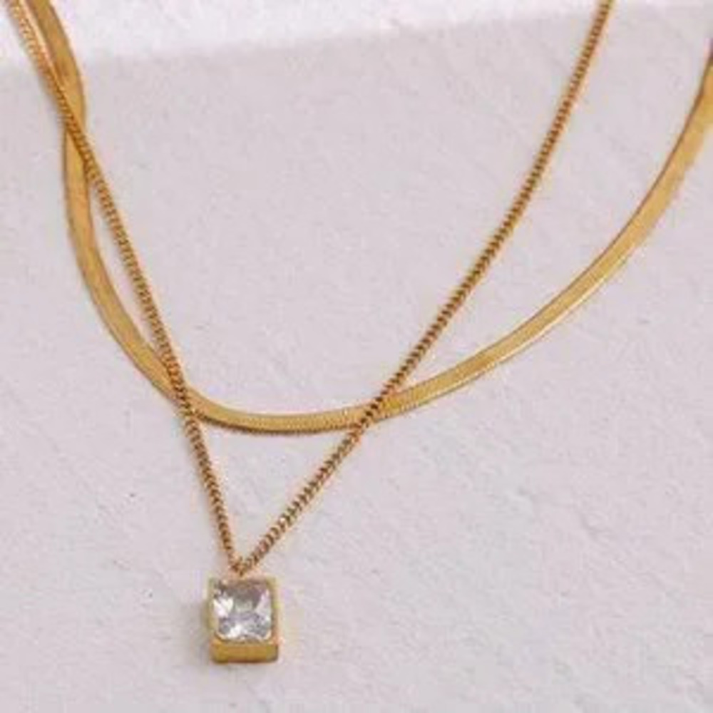 NEW 18K Gold Plated Flat Herringbone Double Layer Necklace